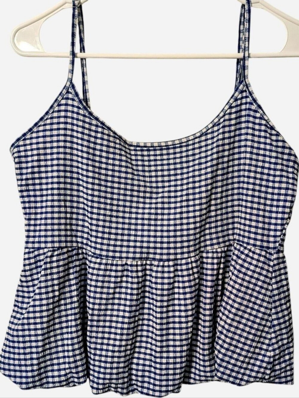 Navy Blue & White Gingham Bubble Hem Cropped Tank Top, Size XL